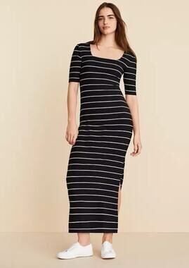 Lou & Grey Dress XL Black White Striped Ribbed Knit Maxi Square Neck Side Slits